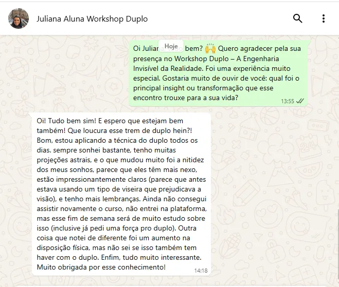 Print de WhatsApp: depoimento da aluna Juliana sobre o Workshop Duplo