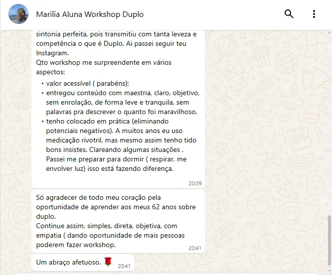 Print de WhatsApp: depoimento da aluna Marília sobre o Workshop Duplo