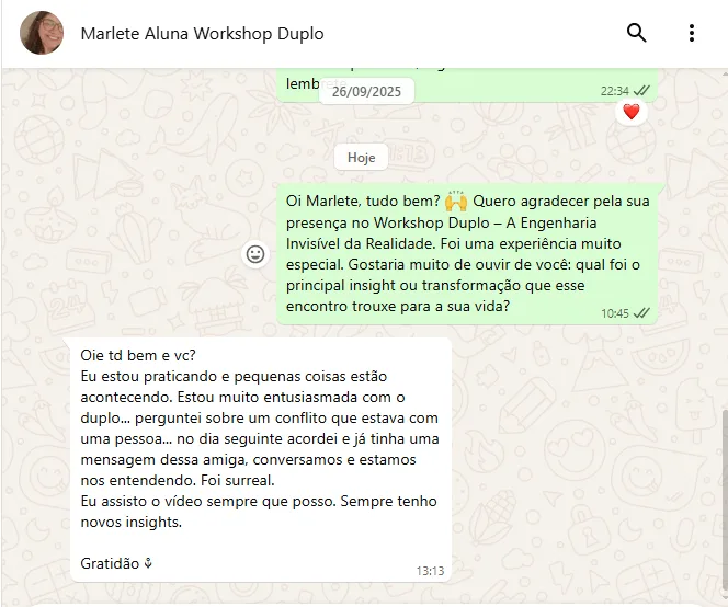 Print de WhatsApp: depoimento da aluna Marlete sobre o Workshop Duplo