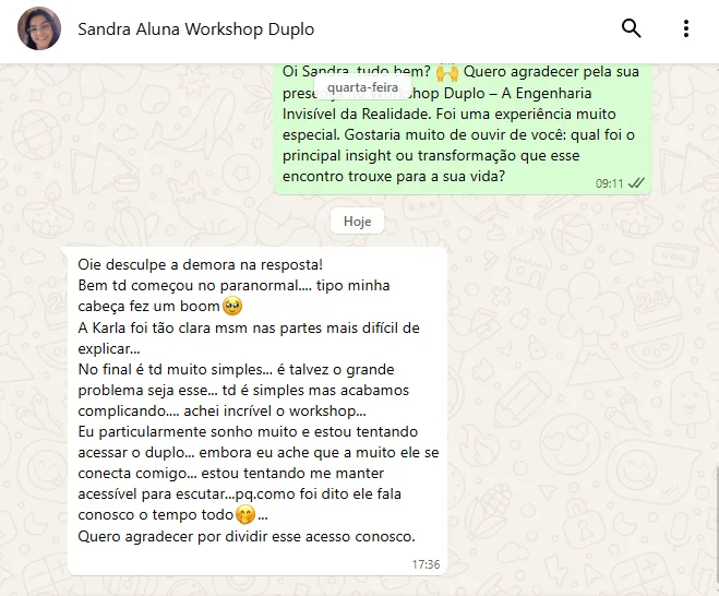 Print de WhatsApp: depoimento da aluna Sandra sobre o Workshop Duplo